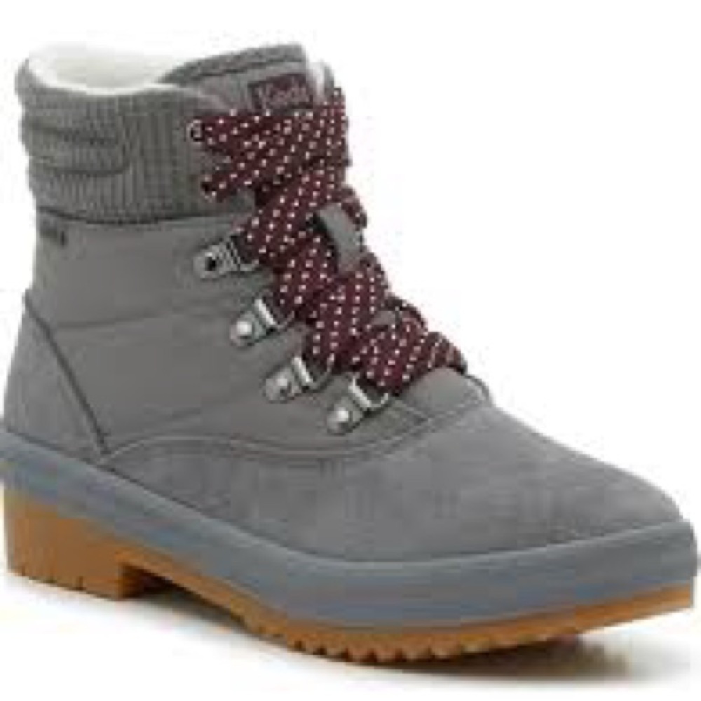 Keds Gray Suede Lace-Up Ankle Boot with Maroon Polka Dot Laces